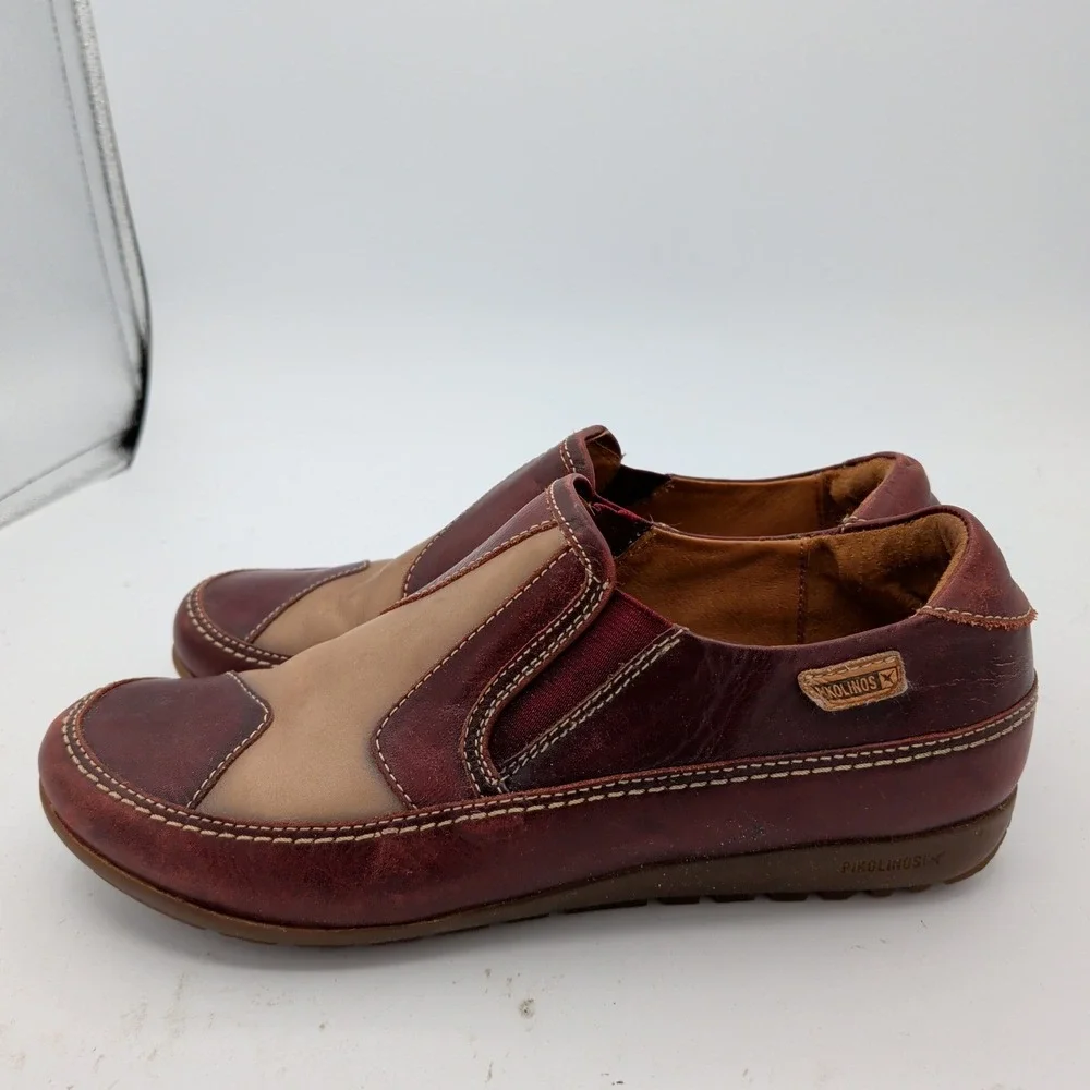 Pikolinos Lisboa Burgundy Tan Leather Colorblock Slip On Loafers 39 Womens 8.5-9